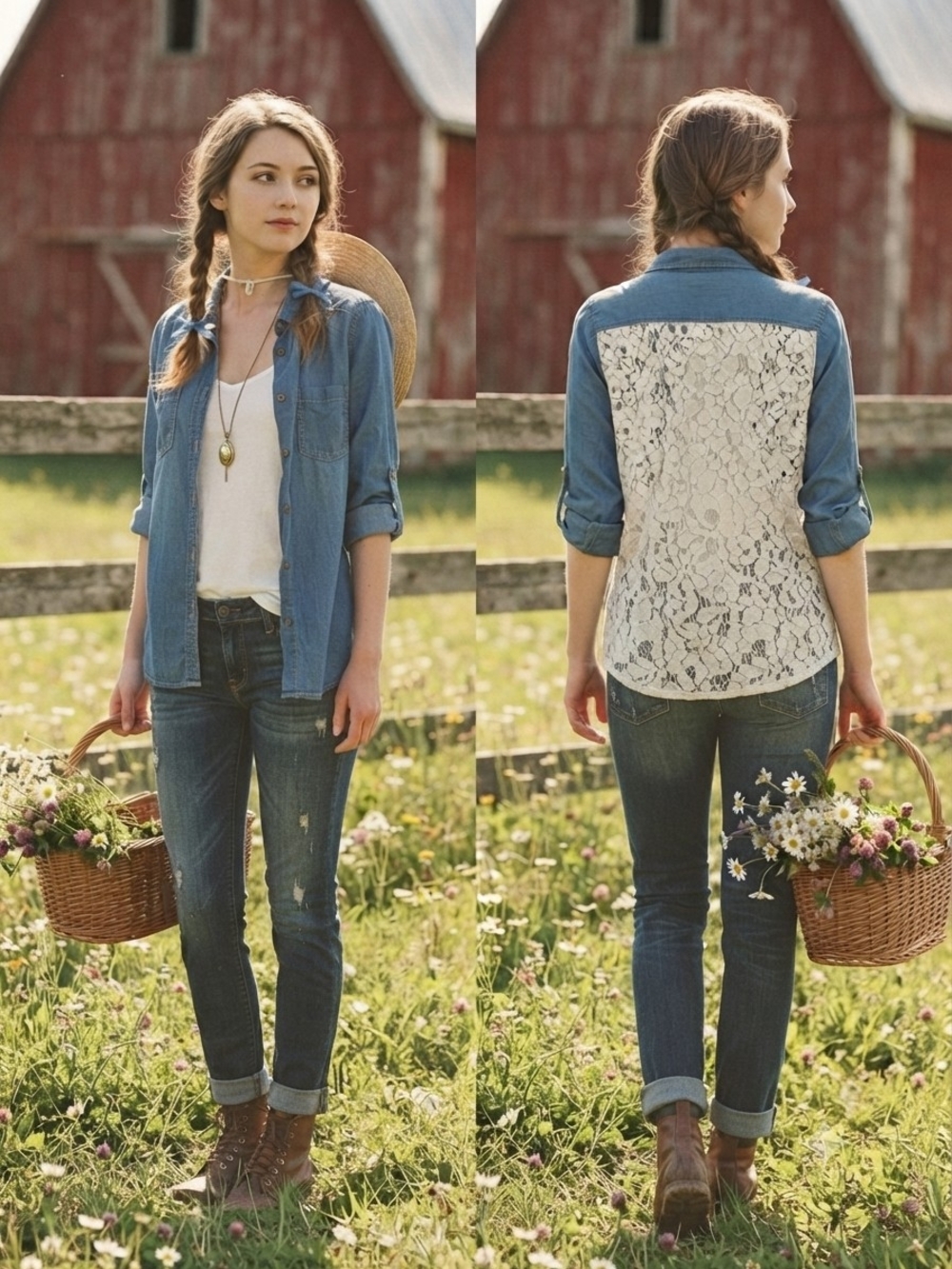 L8teR Chambray Lace Back Button Down Top Size M